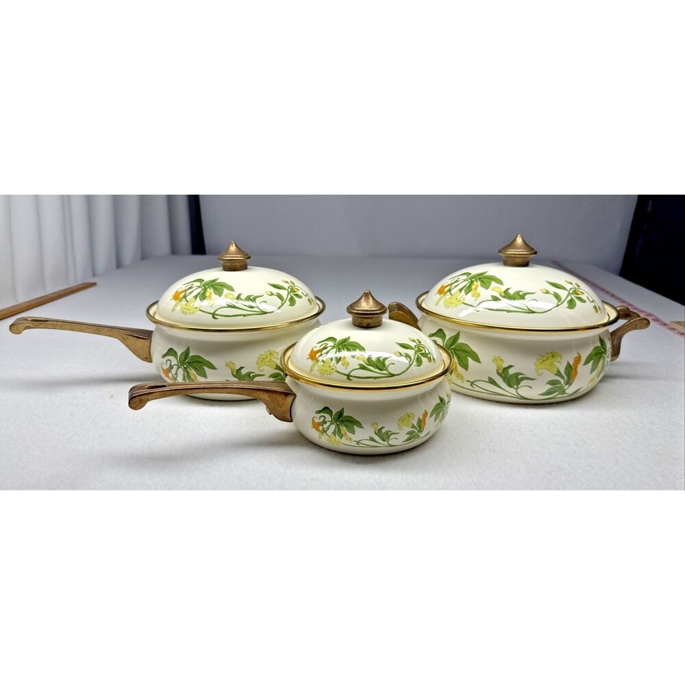 ASTA Germany Enamel Saucepan Set 3 Floral Squash Blossom Pots w Lids Vintage